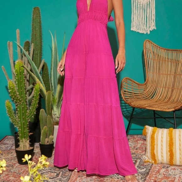 PINK RUFFLE HEM WIDE LEG TASSEL TIE JUMPSUIT - Picture 3 of 7